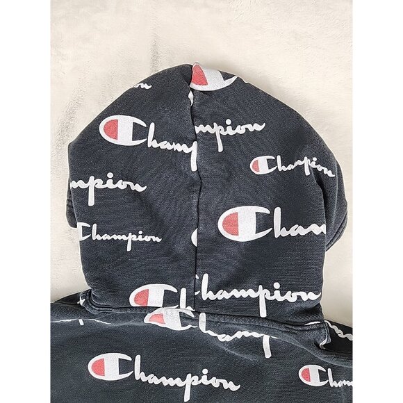 Vintage Reverse Weave Champion All Over Print Logo Black Hoodie Size Medium - Picture 10 of 13